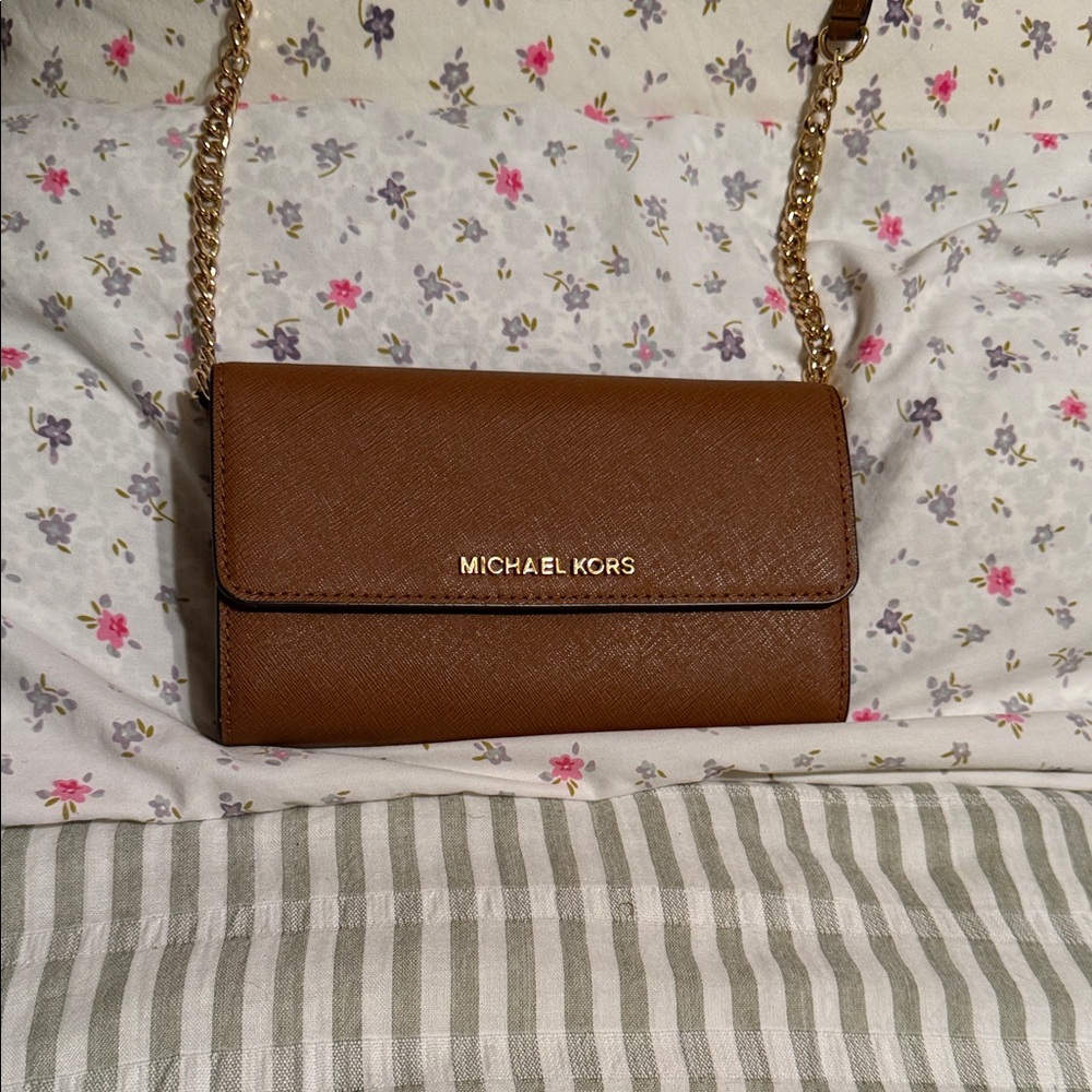 Michael Kors Brown Saffiano Crossbody Wallet with Gold Chain